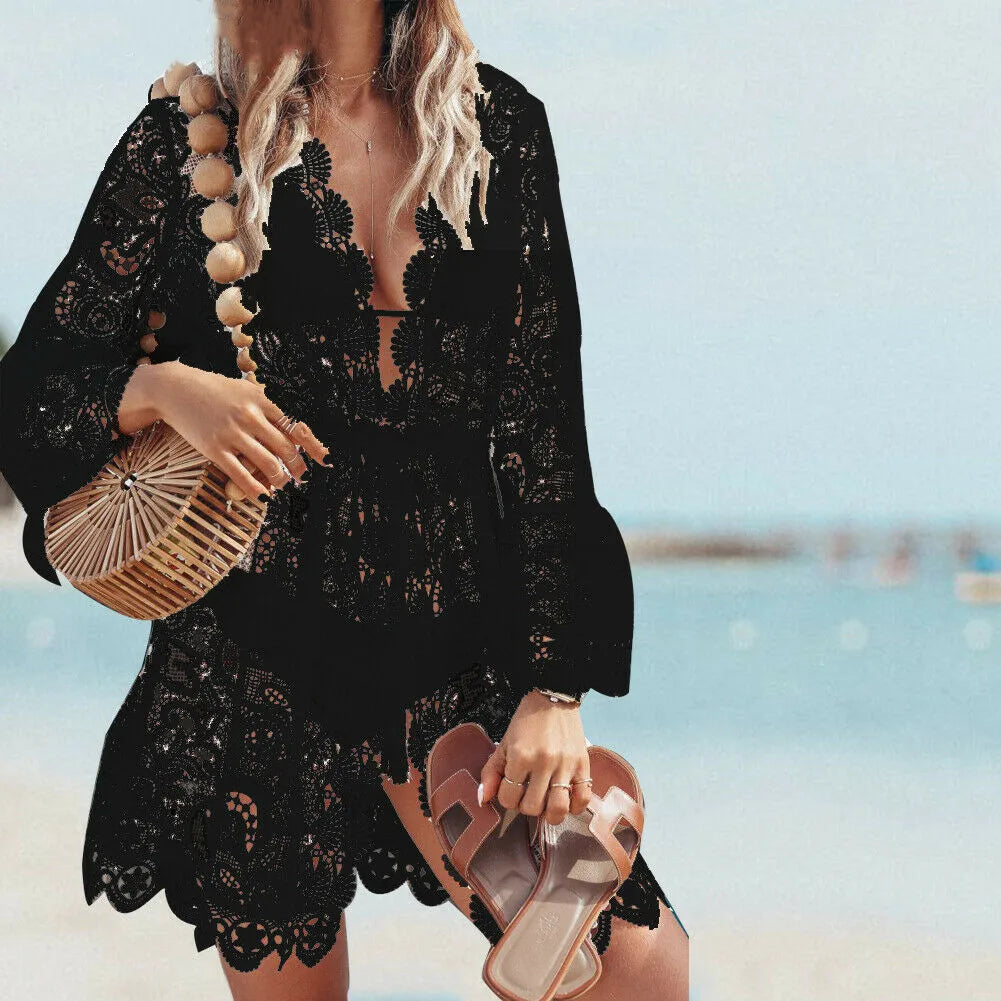 Crochet White Knitted Beach Cover Up Dress - astralfinds.online