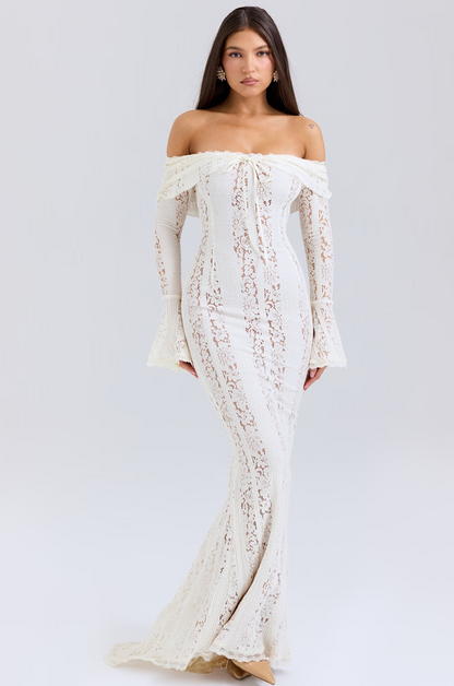 Cream Off-Shoulder Lace Maxi Dress